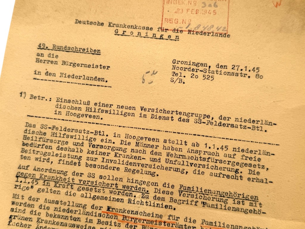Original WWII Dutch Waffen-SS SS-Feldersatz-Btl. Hoogeveen Document Groningen 1945
