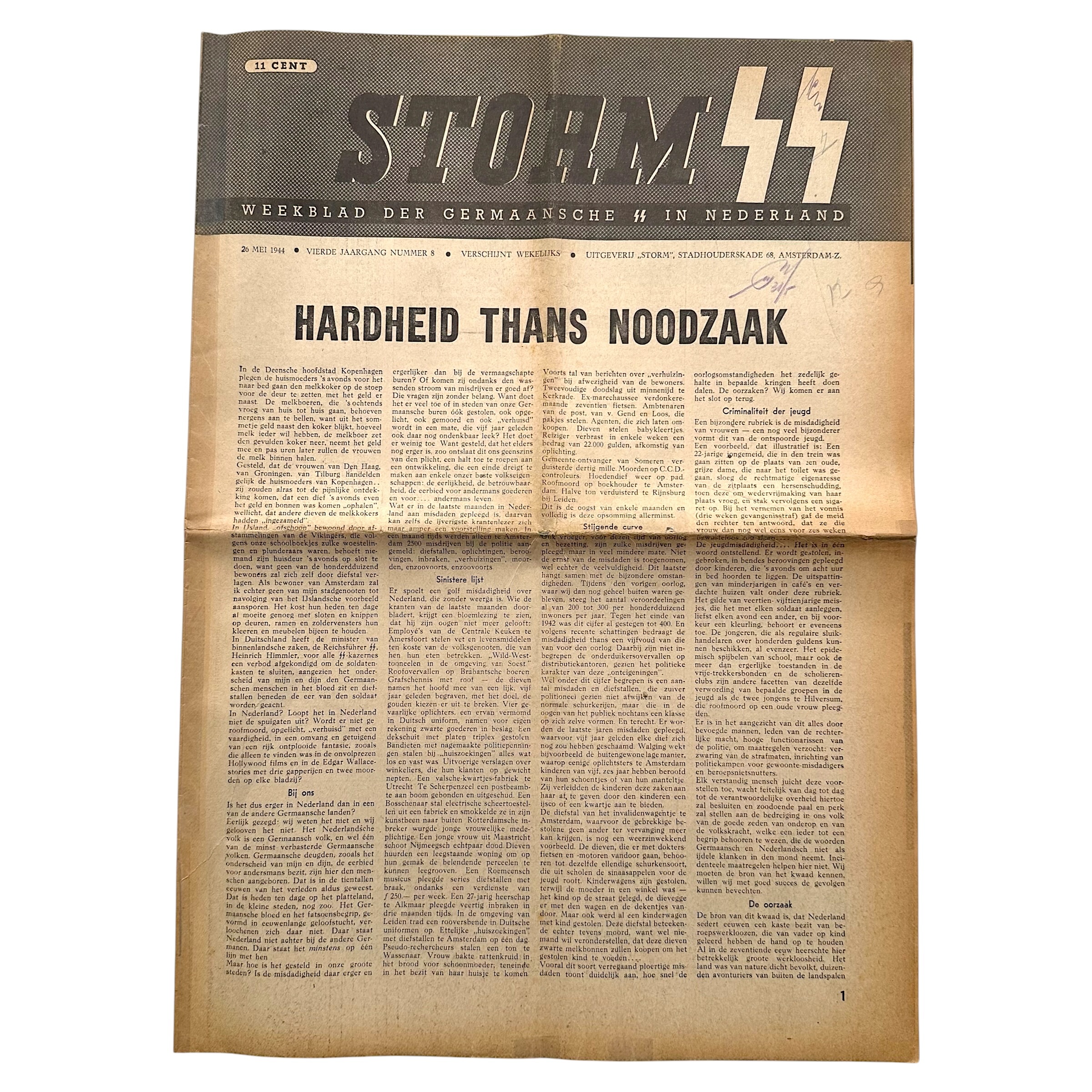 Original WWII Dutch Storm newspaper May 26 1944 Germanic SS in the Netherlands Waffen-SS propaganda occupation Amsterdam issue 8.