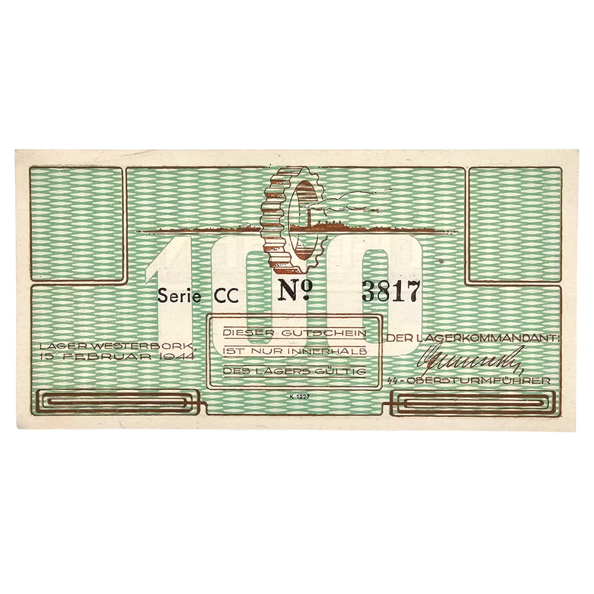 Original WWII Dutch ‘Durchgangslager’ Westerbork banknote 100 cent