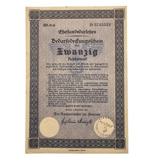 Original German 1933 Ehestand-Darlehen Bedarfsschein 20 Reichsmark marriage loan certificate with eagle, swastika, serial D 374552 and stamps.