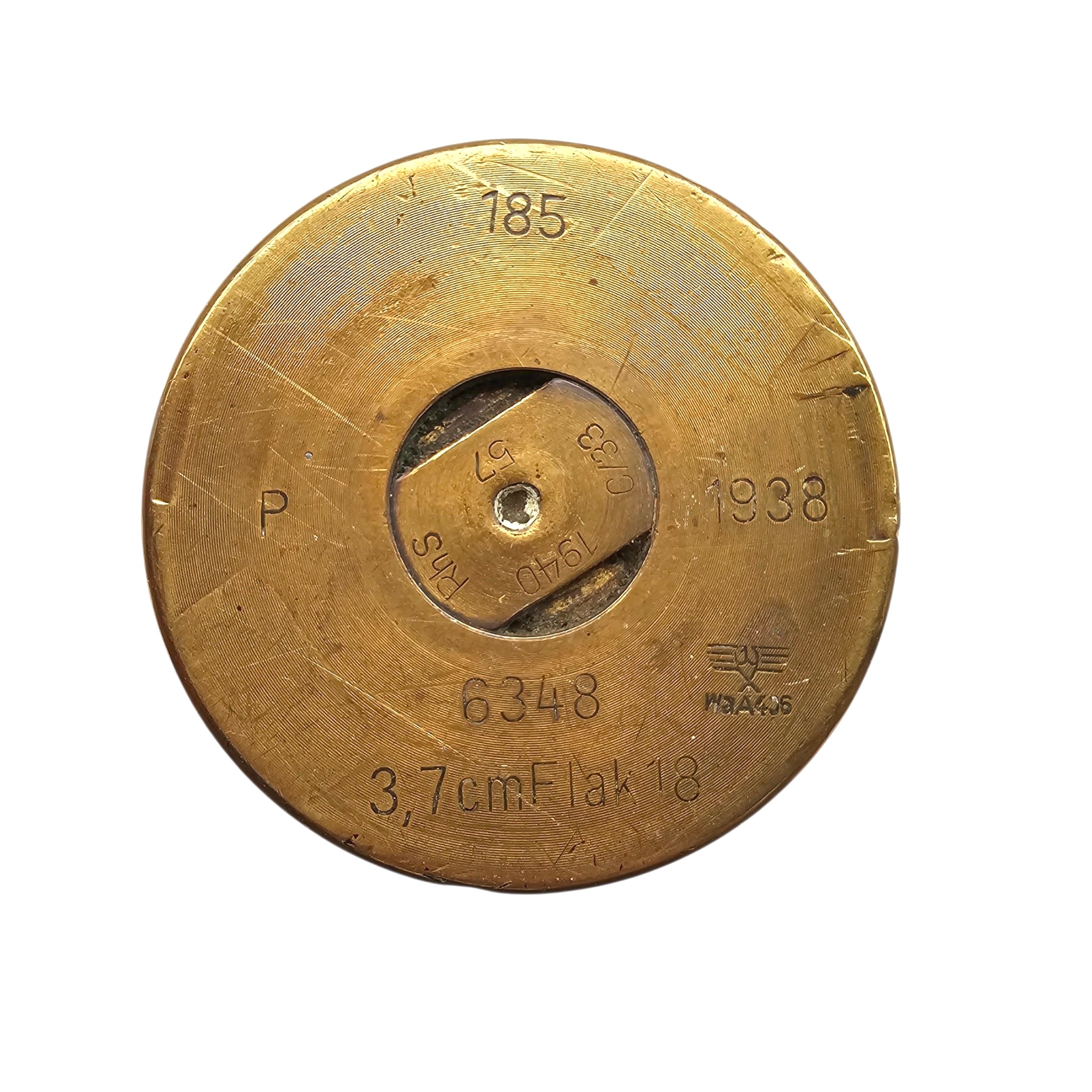 Original WWII German 3.7 cm Flak 18 Anti-Aircraft Brass Shell Casing 1938