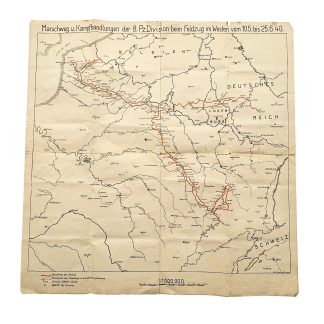 Original WWII German 8th Panzer Division Western Campaign 1940 map showing combat and advance routes through Luxembourg Belgium and France.