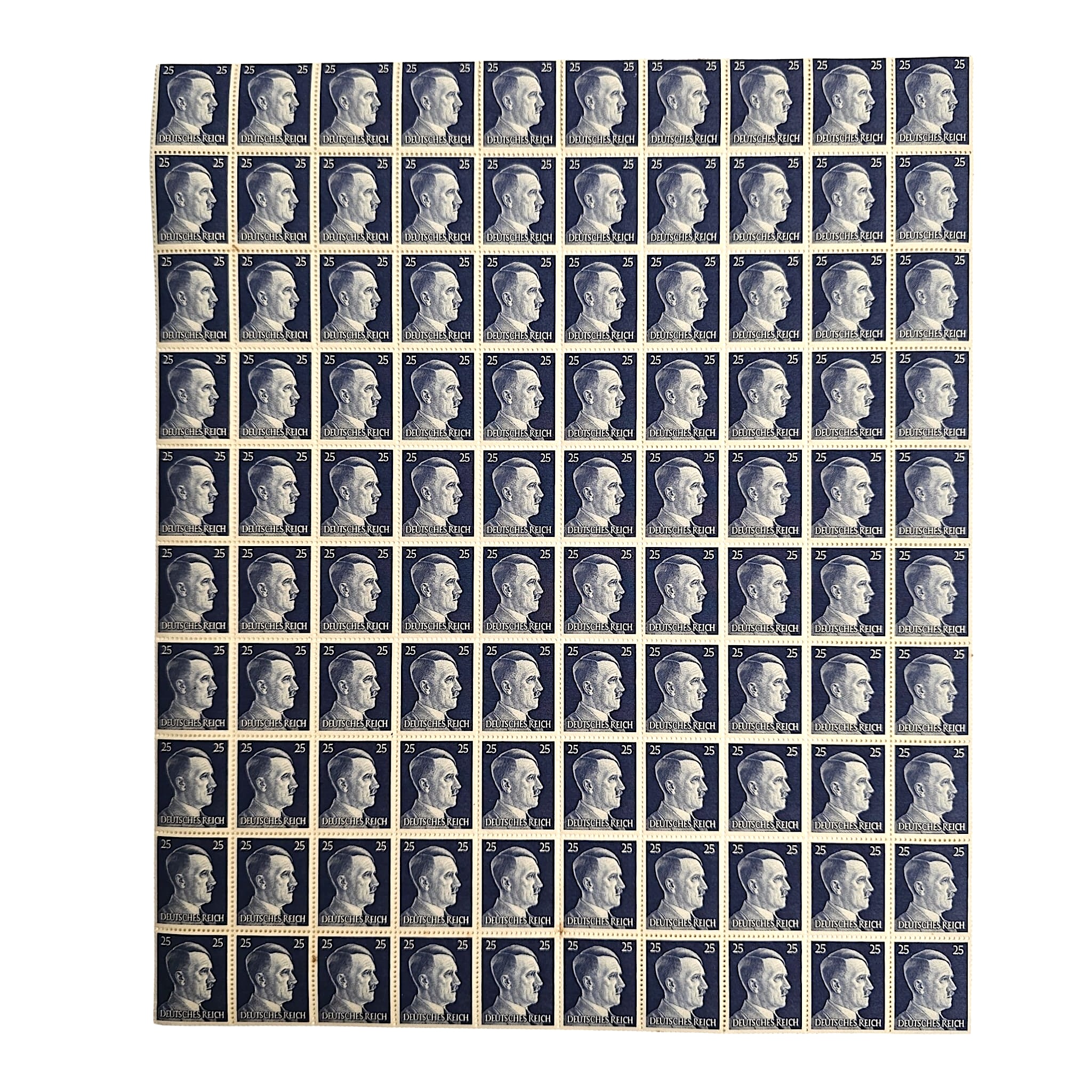 Original WWII German Adolf Hitler 25 Reichspfennig Postage Stamp Full Sheet of 100