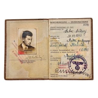 Original WWII German Bescheinigung Ausweis 1943 with SD Sicherheitspolizei Stamp – Occupied Poland