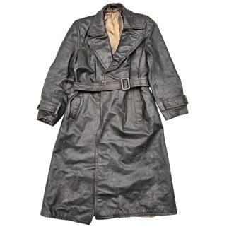 Original WWII German civilian black leather coat long leather overcoat with belt for Volkssturm display German WWII militaria collectors