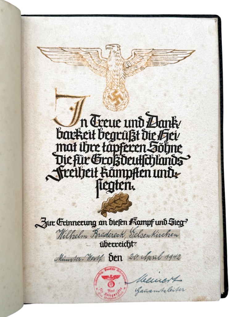 Original WWII German Ehren-Chronik 1939–1945 Wehrmacht Honor Chronicle with Award Entry