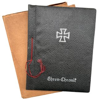 Original WWII German Ehren-Chronik 1939 Wehrmacht honor chronicle with Wilhelm Brüdeneck 1942 entry and original storage box.