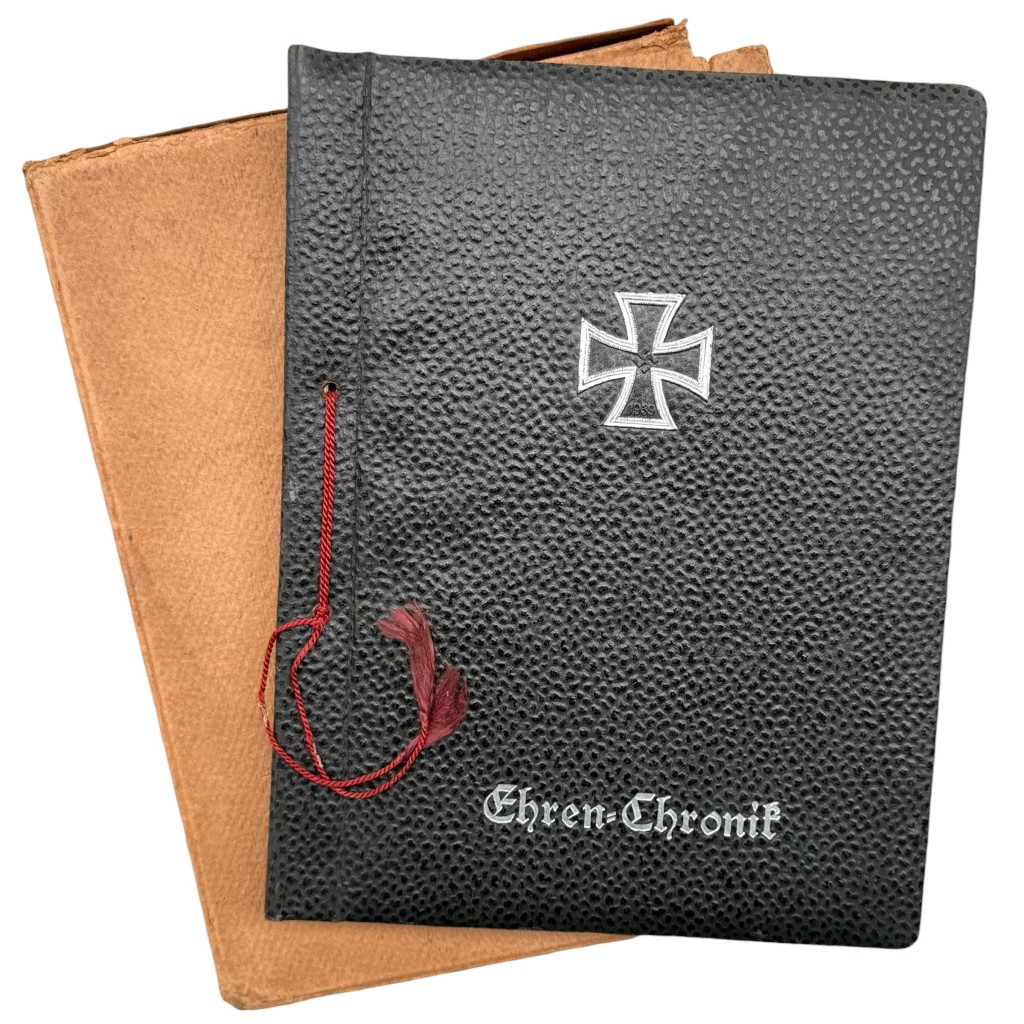 Original WWII German Ehren-Chronik 1939 Wehrmacht honor chronicle with Wilhelm Brüdeneck 1942 entry and original storage box.