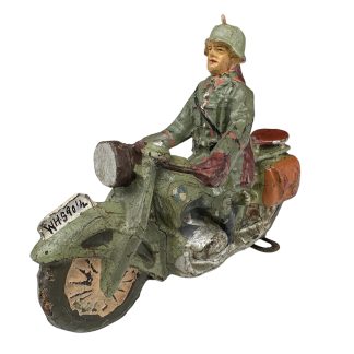 Original WWII German Elastolin Wehrmacht BMW motorcycle rider with BMW logo, rifle, luggage bags and WH 39014 registration by O. & M. Hausser.