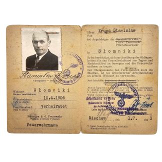 Original WWII German Feuerwehr-Dienstausweis Stanislaw Krupa 1943 Miechow Slomniki General Government Poland with portrait and stamps.