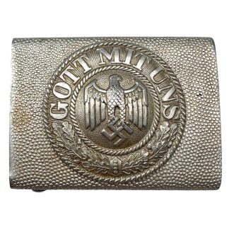 Original WWII German Heer Wehrmacht aluminum parade belt buckle 'Gott mit uns' with eagle, swastika and decorative oak leaf wreath.