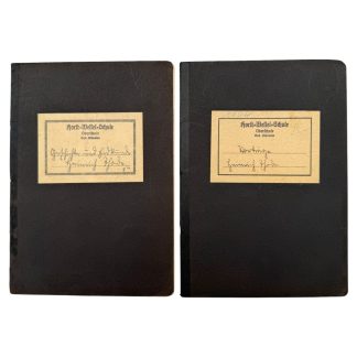 Original WWII German Horst-Wessel-Schule Oberschule Bad Oldesloe school notebooks with handwritten schoolwork and original labels.
