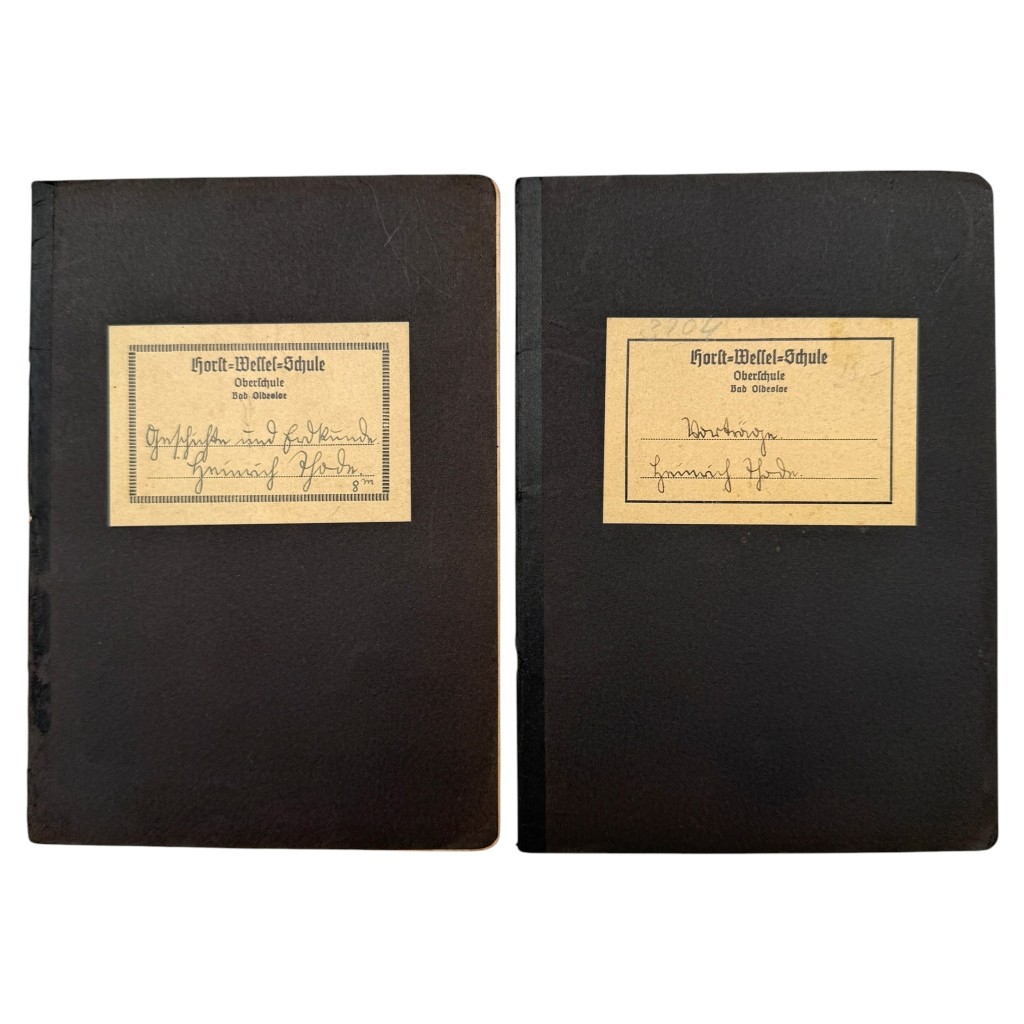 Original WWII German Horst-Wessel-Schule Oberschule Bad Oldesloe school notebooks with handwritten schoolwork and original labels.