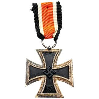 Original WWII German Iron Cross 2nd Class 1939 Eisernes Kreuz with black core, silver-colored frame and red white black ribbon.
