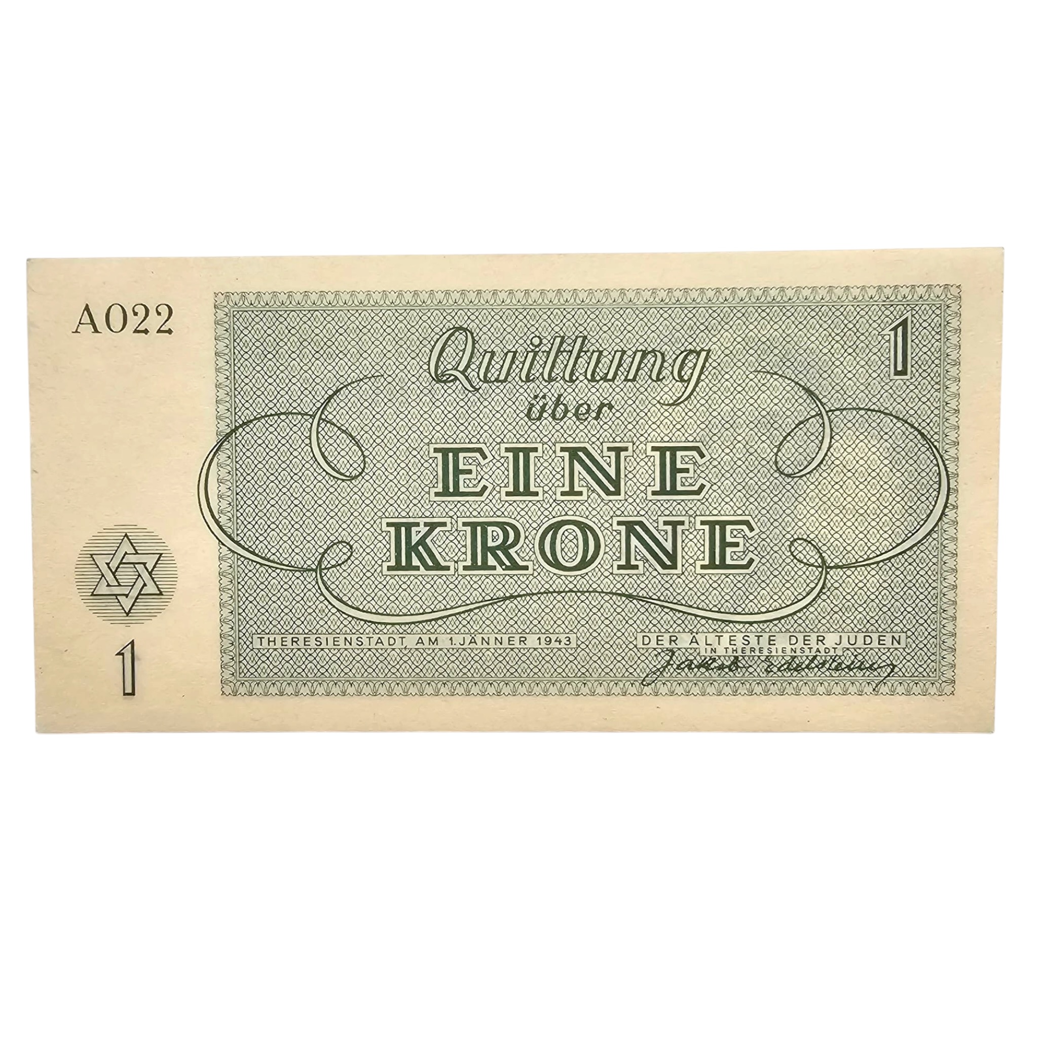 Original WWII German Jewish Ghetto/Camp Theresienstadt 1 Krone banknote
