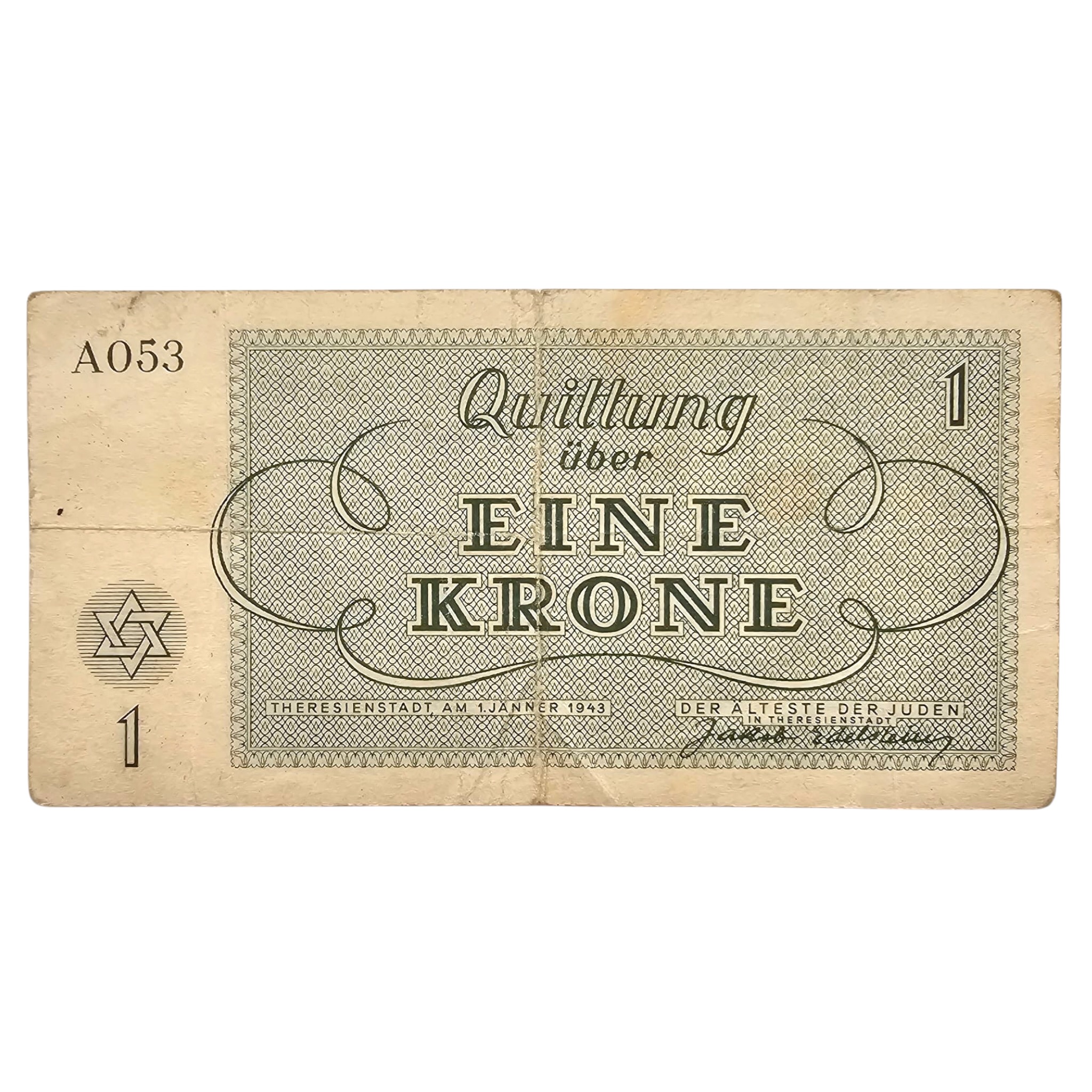 Original WWII German Jewish Ghetto/Camp Theresienstadt 1 Krone banknote