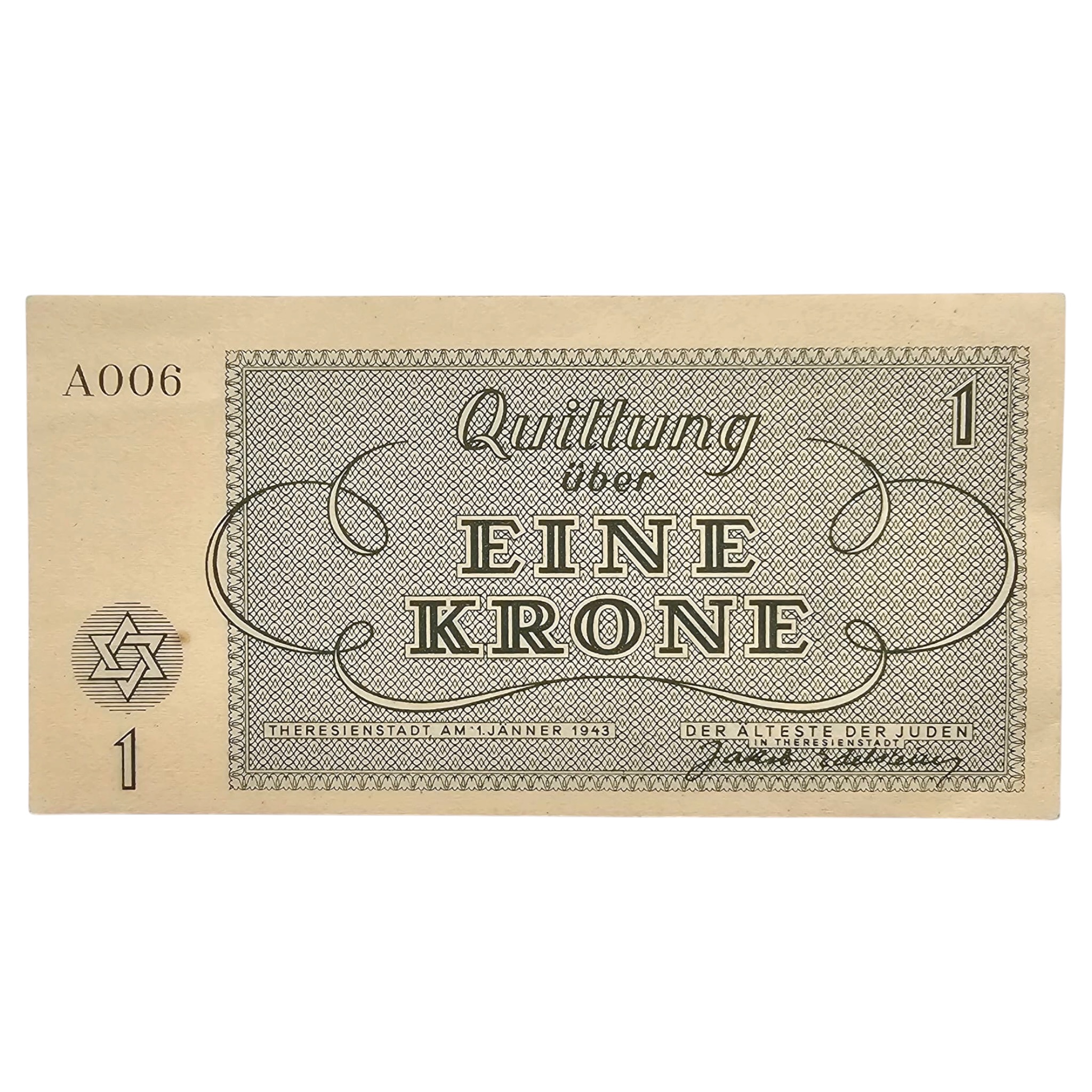Original WWII German Jewish Ghetto/Camp Theresienstadt 1 Krone banknote