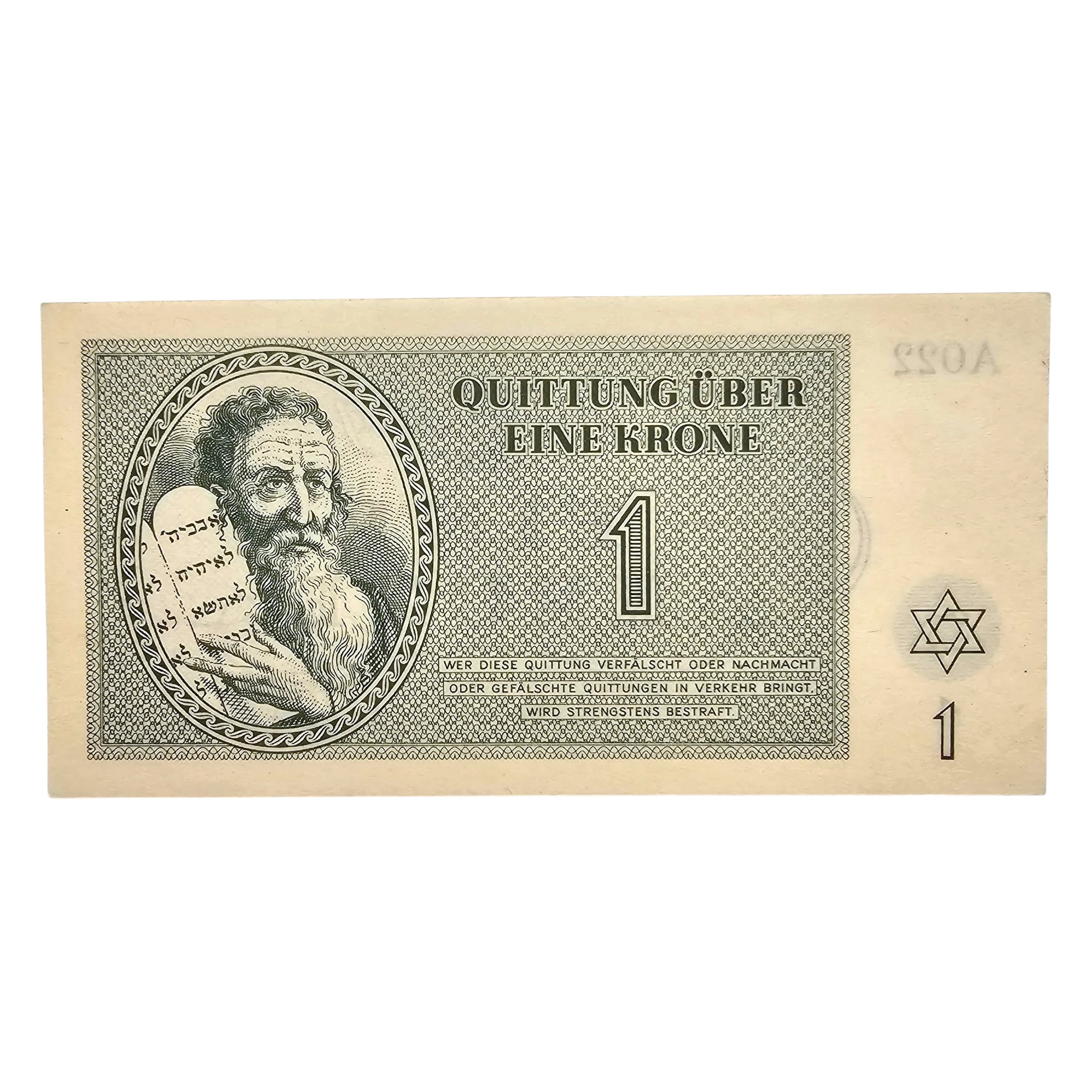 Original WWII German Jewish Ghetto/Camp Theresienstadt 1 Krone banknote