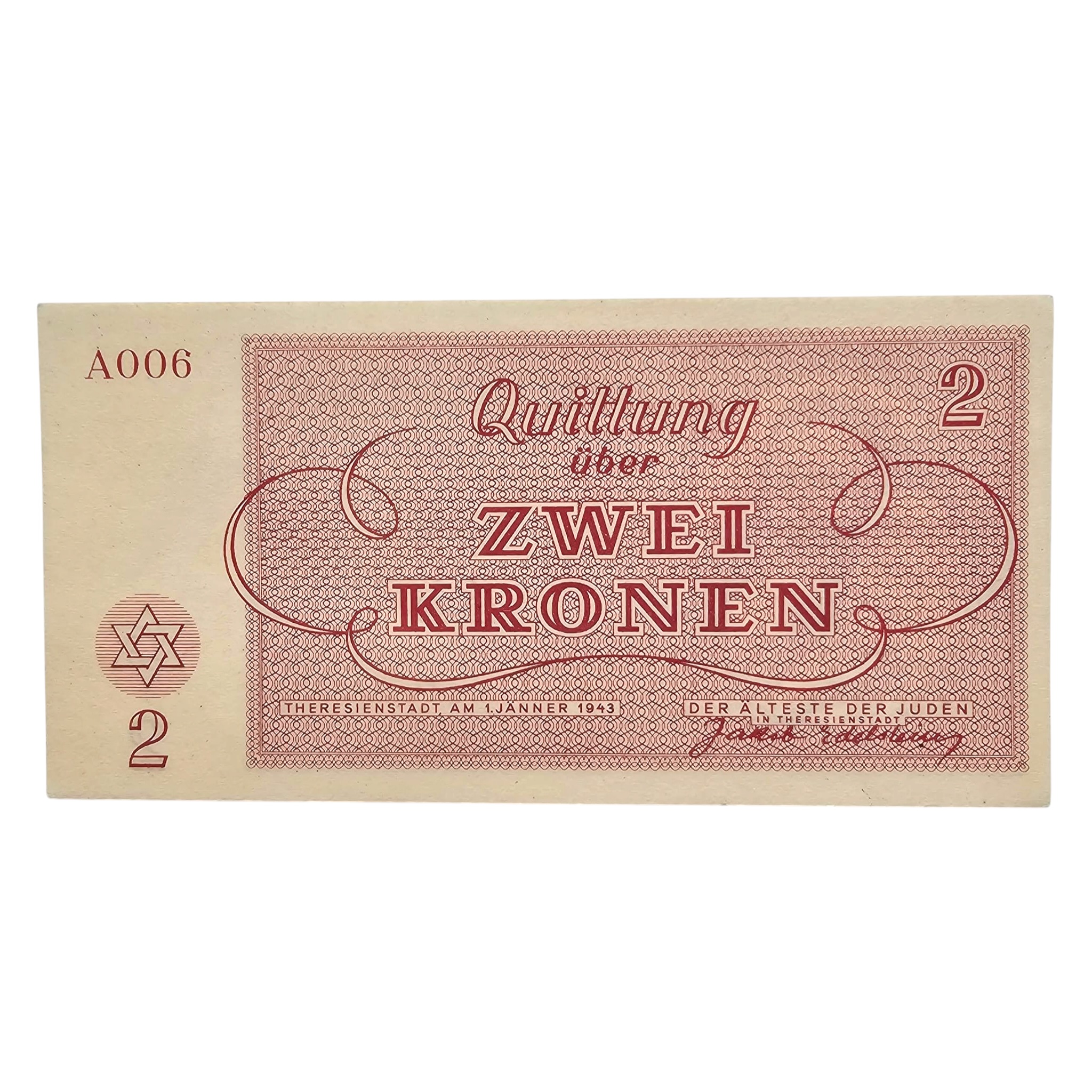 Original WWII German Jewish Ghetto/Camp Theresienstadt 2 Kronen banknote