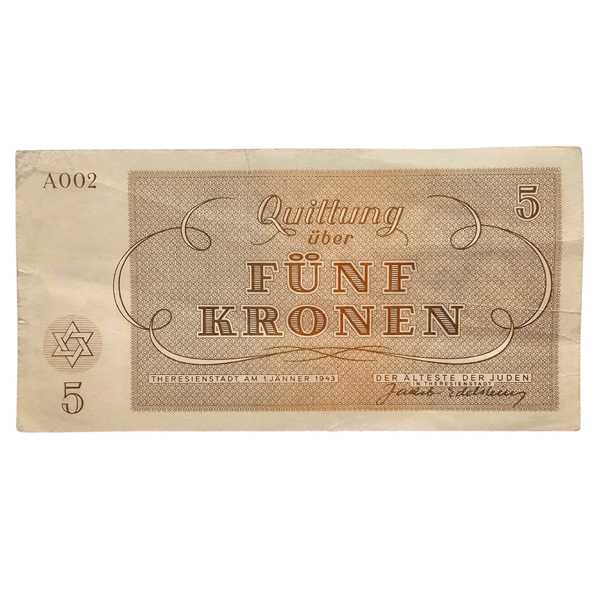 Original WWII German Jewish Ghetto/Camp Theresienstadt 5 Kronen banknote