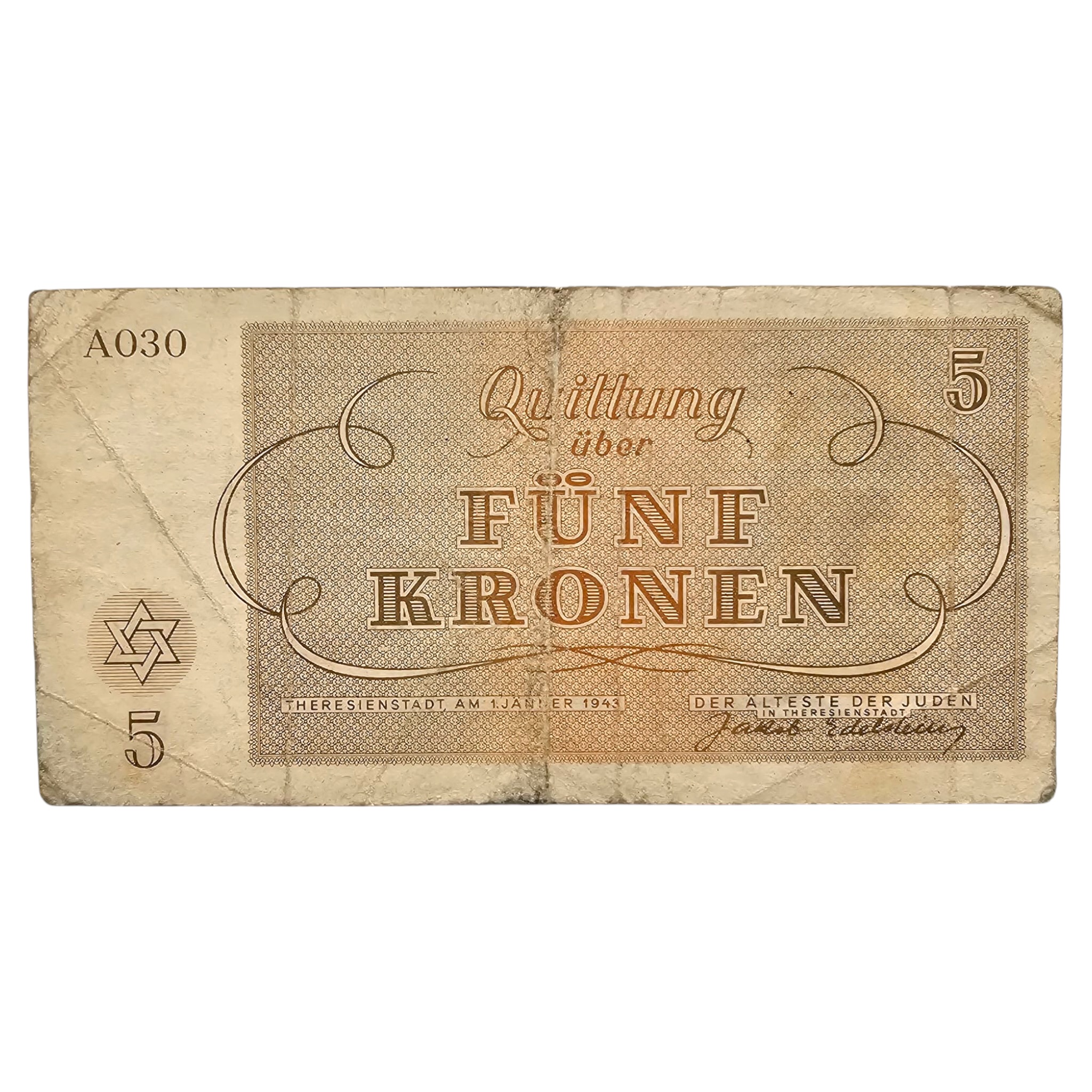 Original WWII German Jewish Ghetto/Camp Theresienstadt 5 Kronen banknote