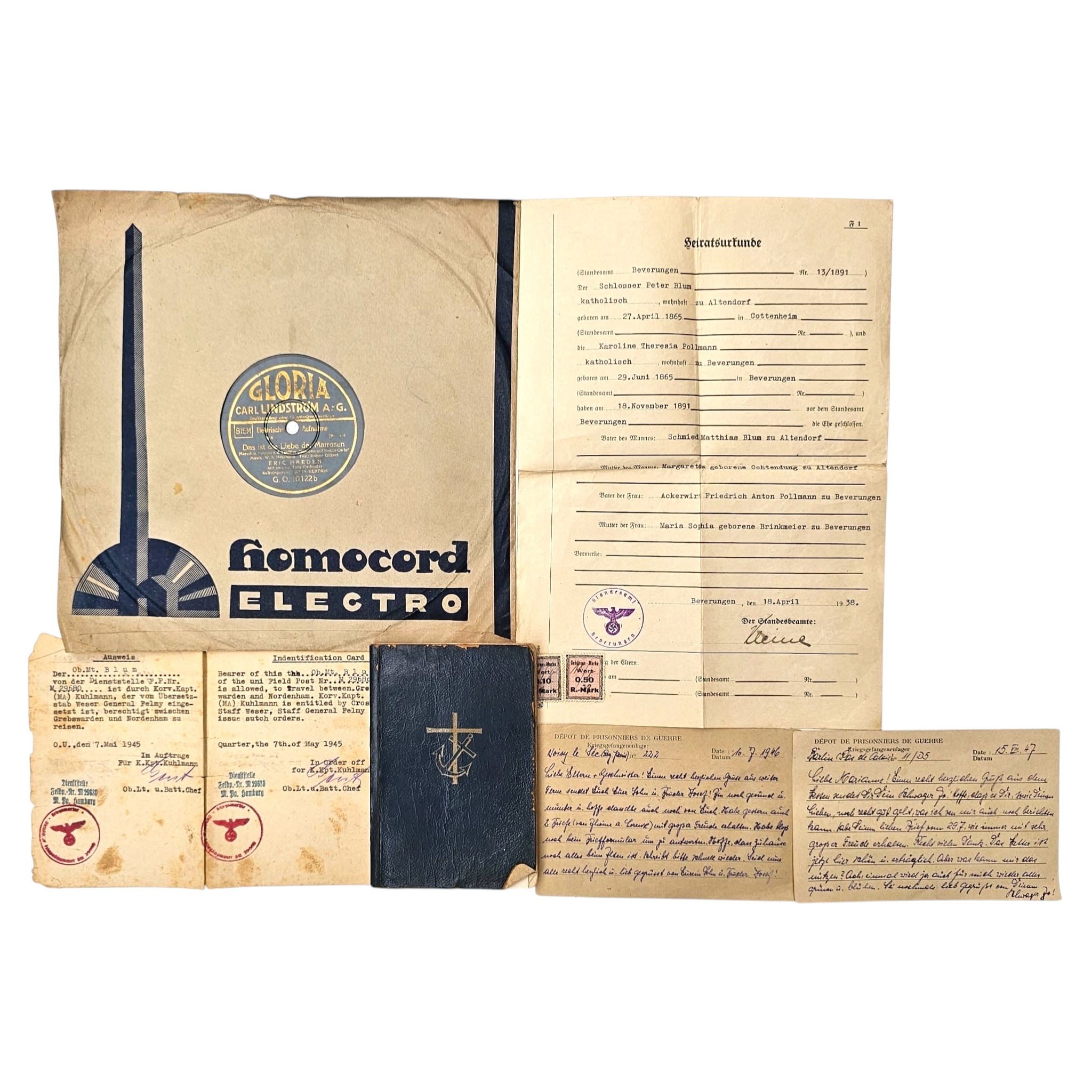 Original WWII German Kriegsmarine Blum family grouping with 7 May 1945 travel permit, Feldpost M 29680, POW correspondence and naval prayer book.