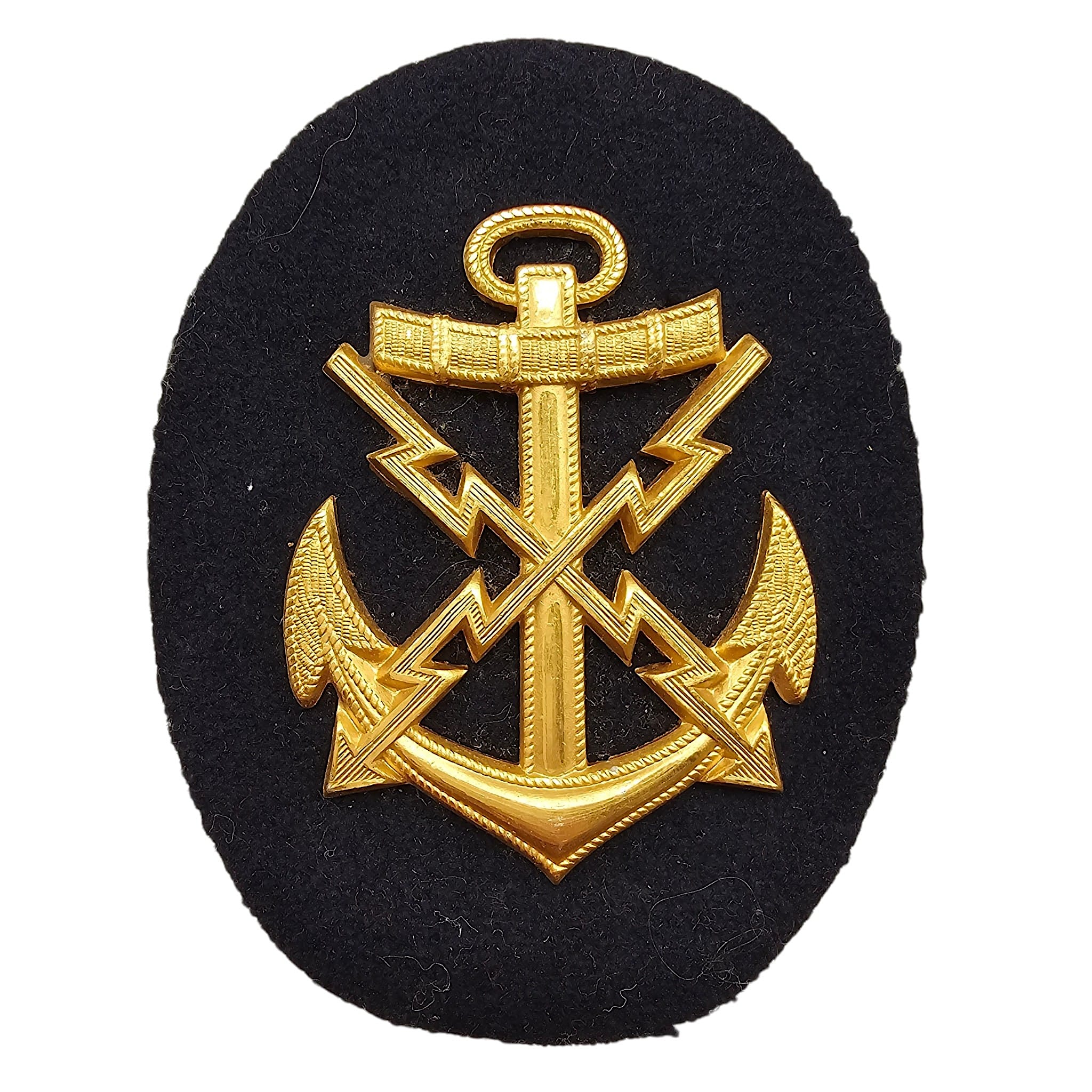 Original WWII German Kriegsmarine Fernschreiber Maat sleeve trade badge for teleprinter and telegraph NCO with anchor and lightning bolts.