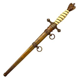 Original WWII German Kriegsmarine officer's dagger by WKC Solingen with etched blade, eagle pommel and decorated metal scabbard.