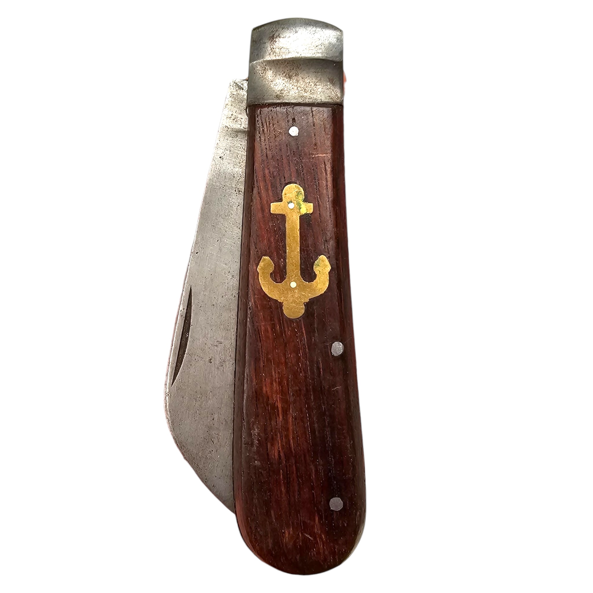 Original WWII German Kriegsmarine pocket knife Herm. Konejung Solingen with wooden grip brass anchor and spectacles maker trademark.