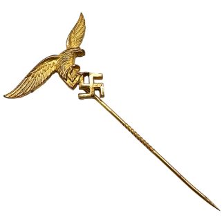 Original rare WWII German Luftwaffe ‘Zivilabzeichen’ civilian lapel pin with gold-colored eagle, swastika and long needle.