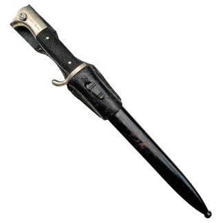 Original WWII German Mauser K98 parade bayonet by Paul Seilheimer Solingen with black scabbard and original leather frog.