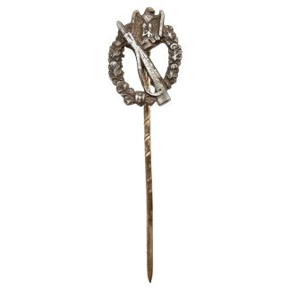 Original WWII German miniature Infantry Assault Badge Infanterie Sturmabzeichen silver version with rifle eagle oak wreath and long stickpin.