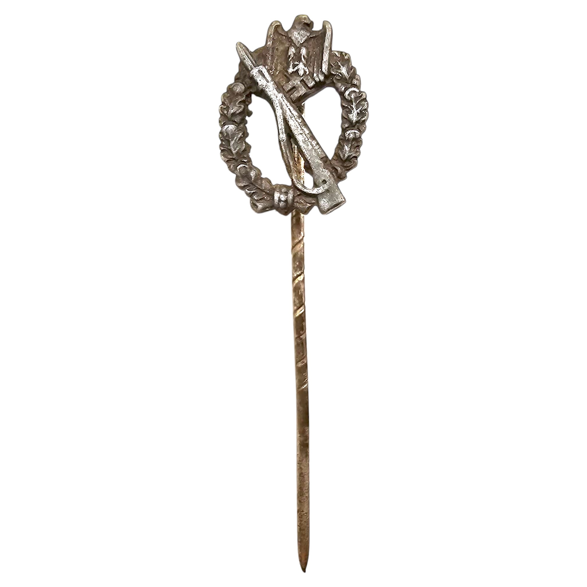 Original WWII German miniature Infantry Assault Badge Infanterie Sturmabzeichen silver version with rifle eagle oak wreath and long stickpin.