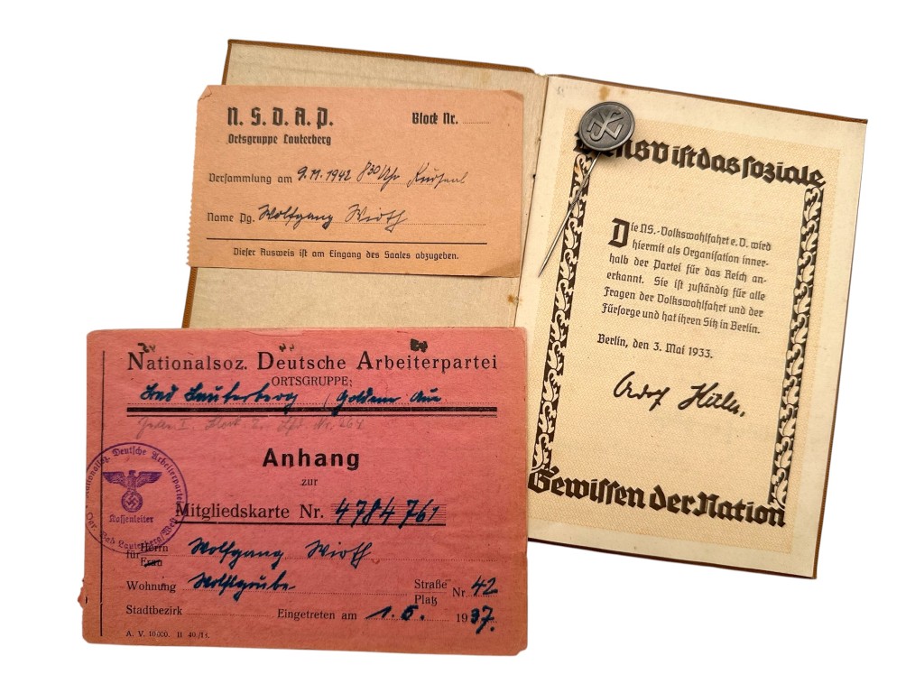 Original WWII German NS-Volkswohlfahrt NSV Membership Grouping Wolfgang Wirth with documents and stickpin - Bad Lauterberg