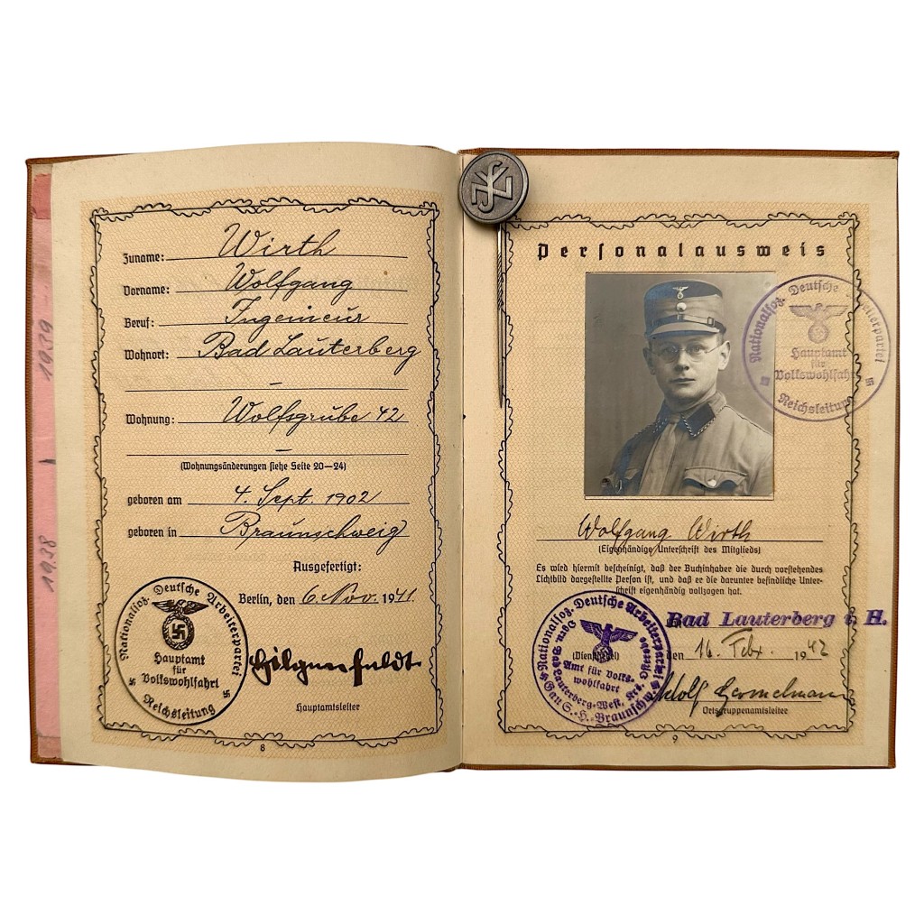 Original WWII German NS-Volkswohlfahrt NSV Wolfgang Wirth document grouping NSDAP membership card contribution stamps RZM 76 stickpin.