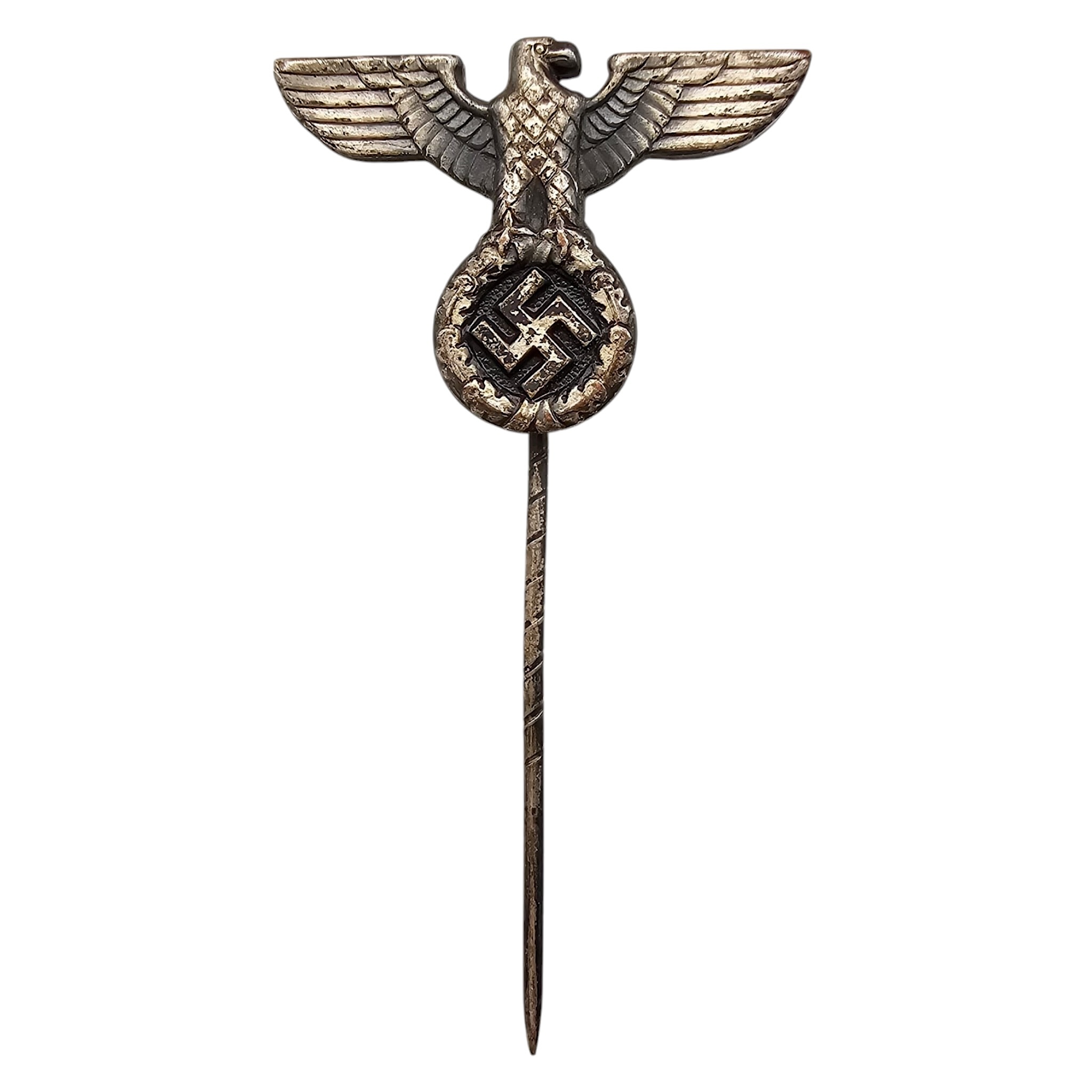 Original WWII German NSDAP political eagle lapel pin RZM M1/72 Fritz Zimmermann Stuttgart Hoheitsabzeichen long needle.