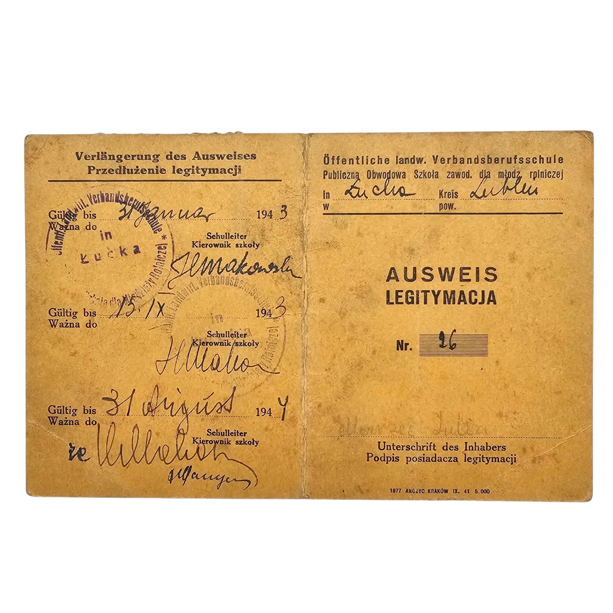 Original WWII German Occupation Ausweis Legitymacja Agricultural Vocational School Lublin 1942–1944