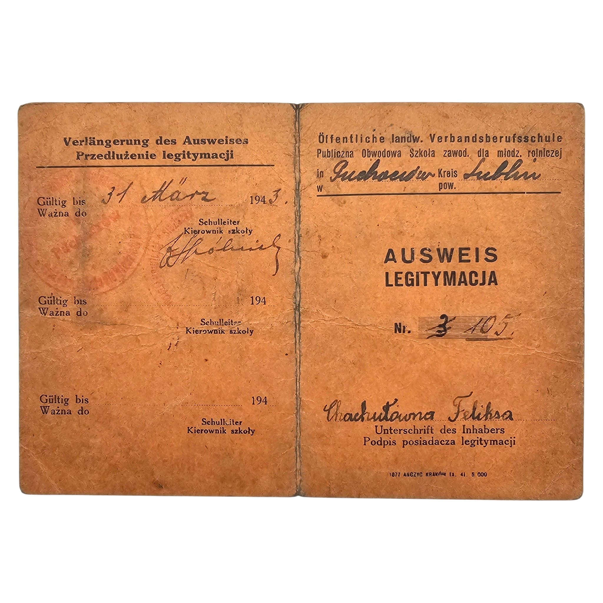 Original WWII German Occupation Ausweis Legitymacja Agricultural Vocational School Puchaczów Lublin 1942