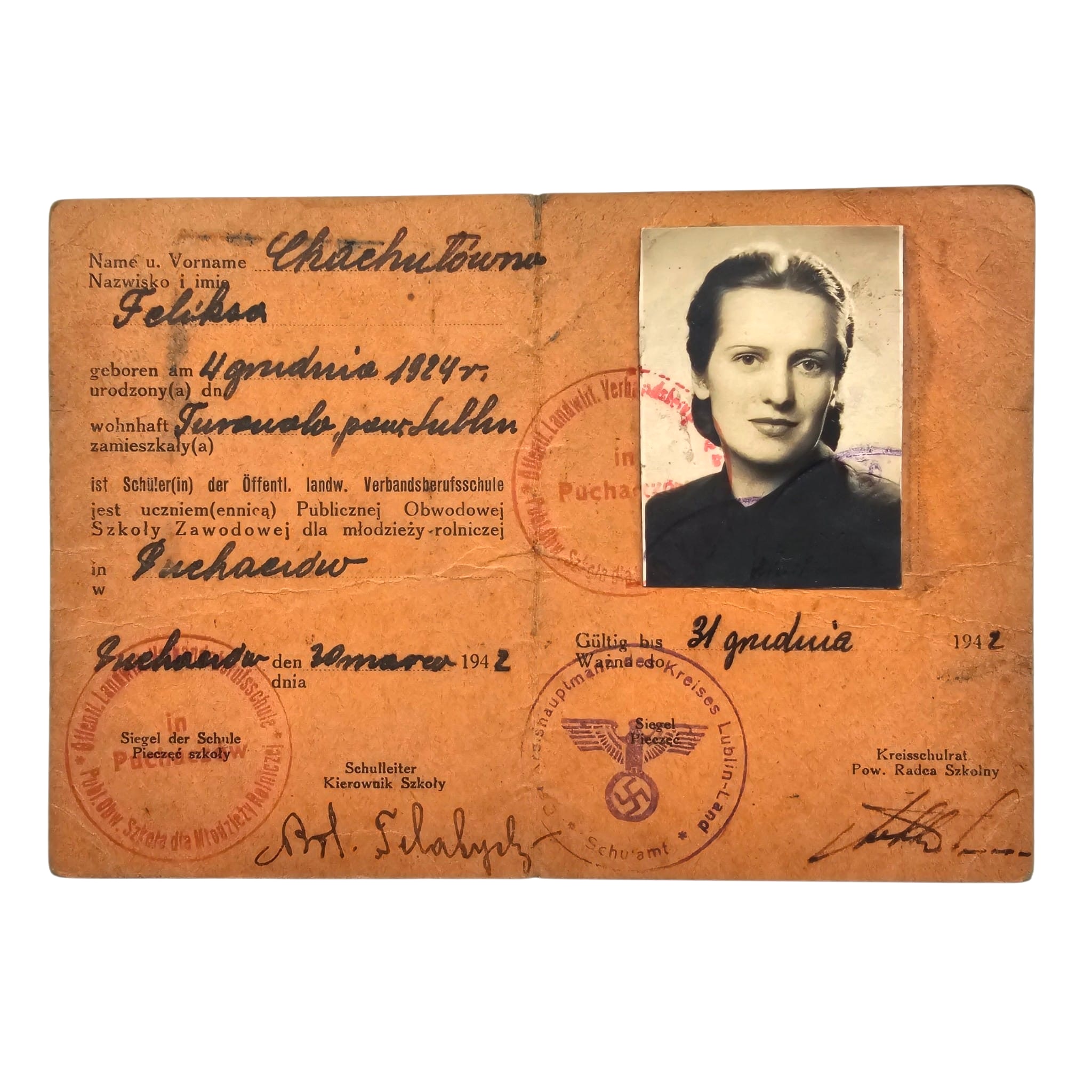 Original WWII German occupation Ausweis Legitymacja 1942 Puchaczów Lublin Poland agricultural school ID with portrait photo eagle and stamps.