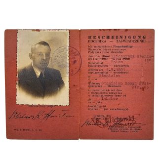Original WWII German occupation Ausweis Stanislau Stanisław Blicharski with portrait photo, stamps, Arbeitsamt Stanislau and 1944 extension.