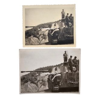 Original WWII German Panther tank photo set with two Panzerkampfwagen V crew photographs printed on Agfa-Brovira photographic paper for collectors.