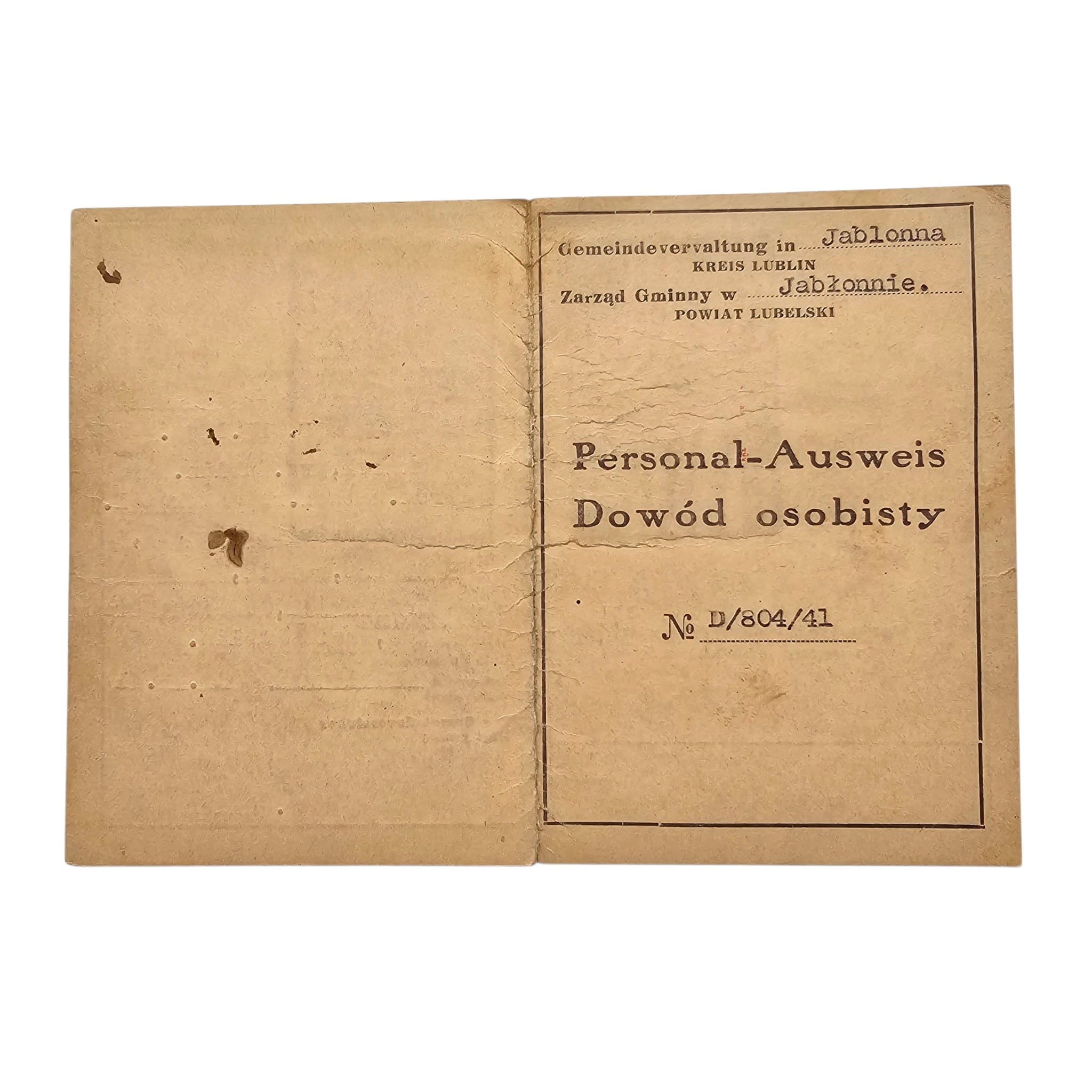 Original WWII German Personal-Ausweis 1941 – Gemeinde Jabłonna Kreis Lublin Occupied Poland