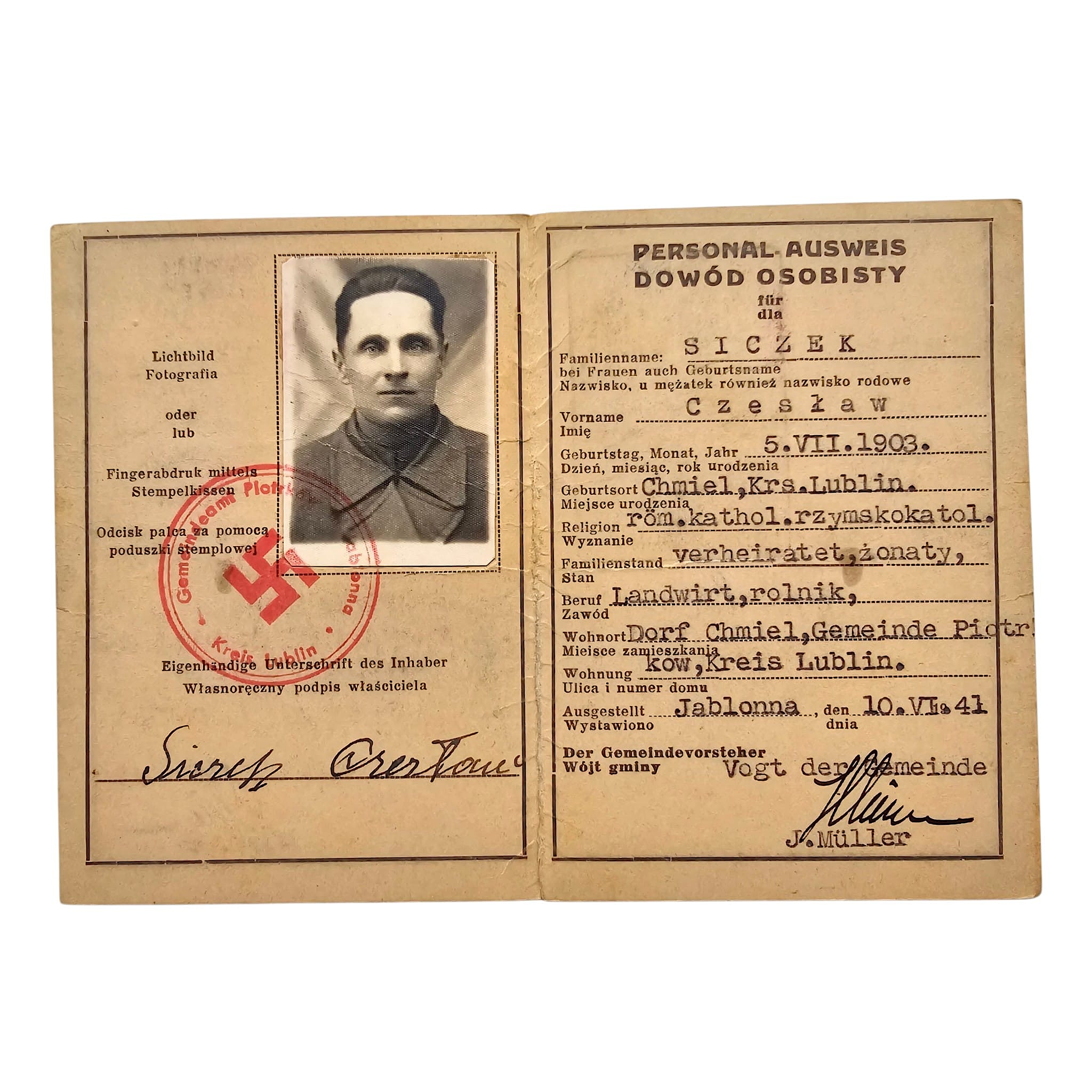 Original WWII German Personal-Ausweis 1941 – Gemeinde Jabłonna Kreis Lublin Occupied Poland