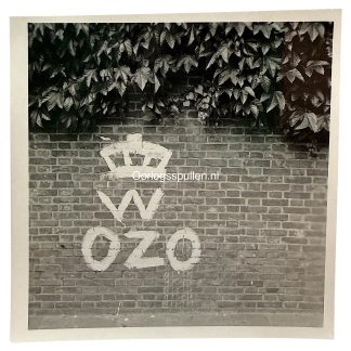 Originele WWII Duitse foto Nederlandse verzetsgraffiti OZO en koningin Wilhelmina op muur in Den Haag 31 augustus 1941.