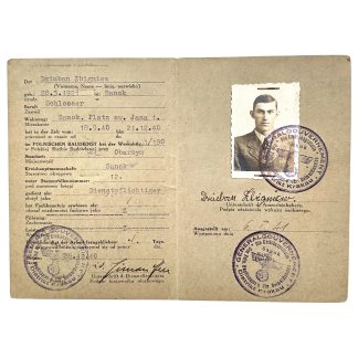 Original WWII German Polish Baudienst Ausweis Zbigniew Dziuban Sanok 1940 Werkabteilung 1/190 with portrait and General Government stamps.