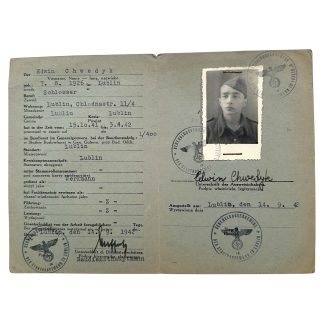 Original WWII Polnischer Baudienst Generalgouvernement Ausweis Lublin 1942 Edwin Chwedyk with portrait photo, German stamps and service details.