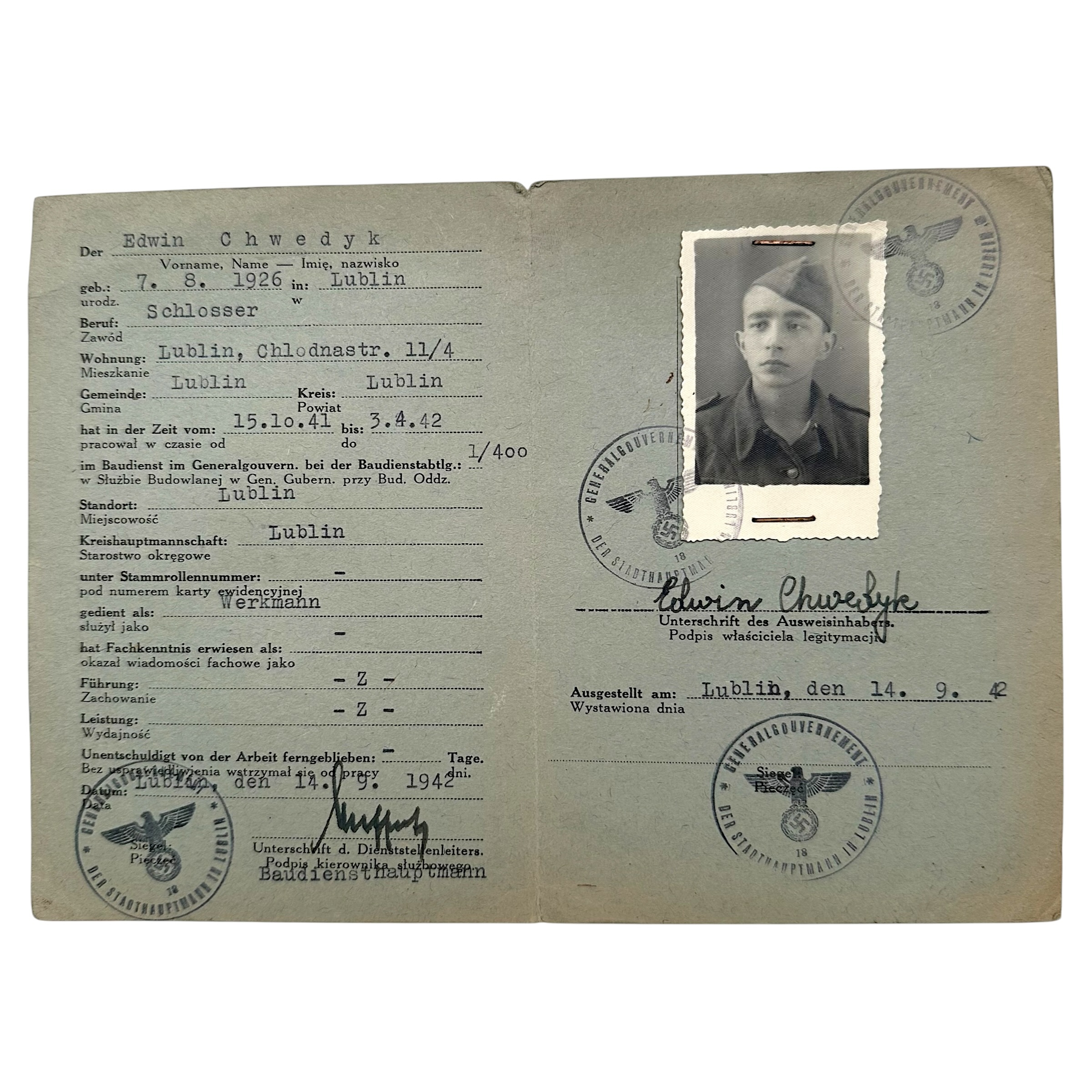 Original WWII Polnischer Baudienst Generalgouvernement Ausweis Lublin 1942 Edwin Chwedyk with portrait photo, German stamps and service details.