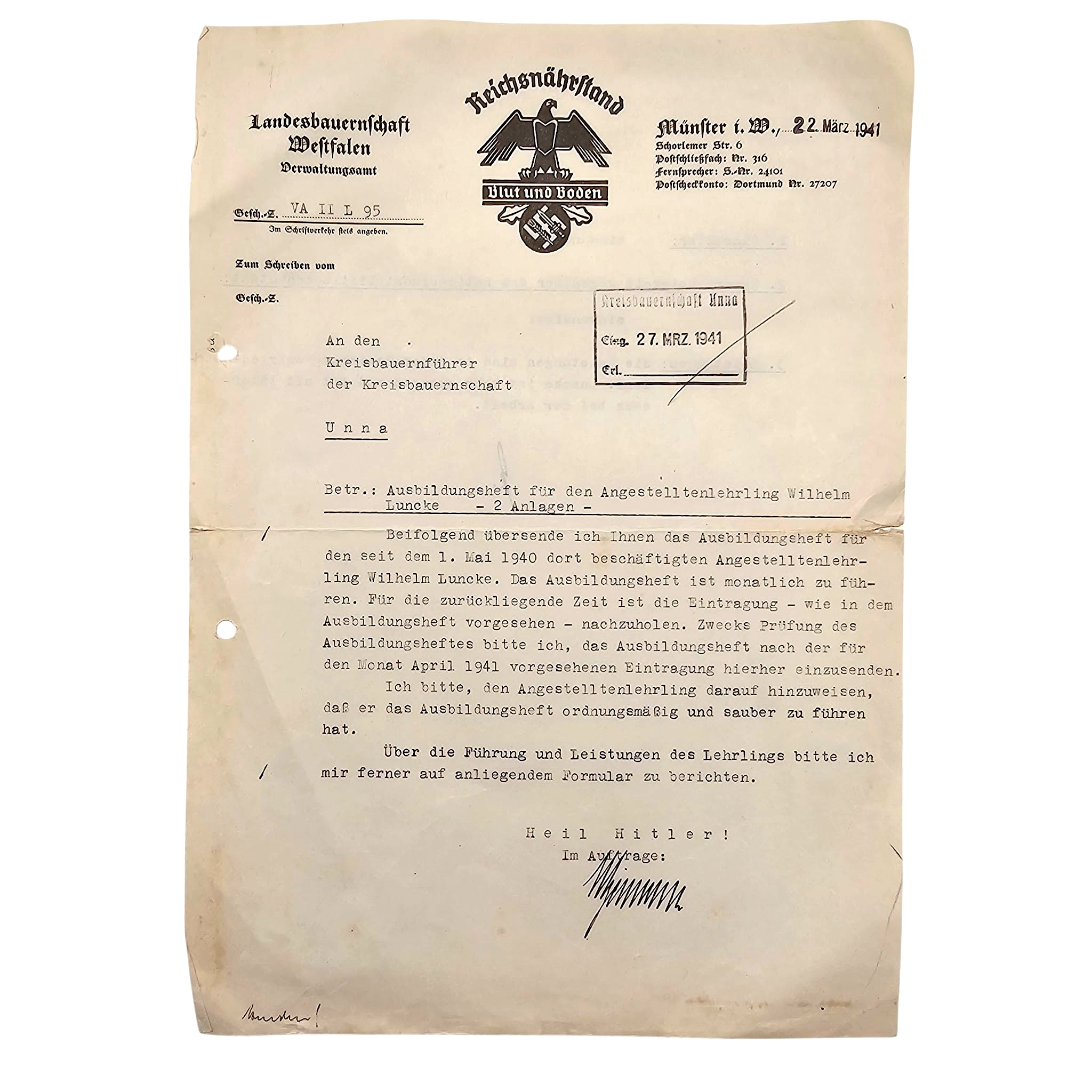 Original WWII German Reichsnährstand Landesbauernschaft Westfalen Document Wilhelm Luncke 1941.