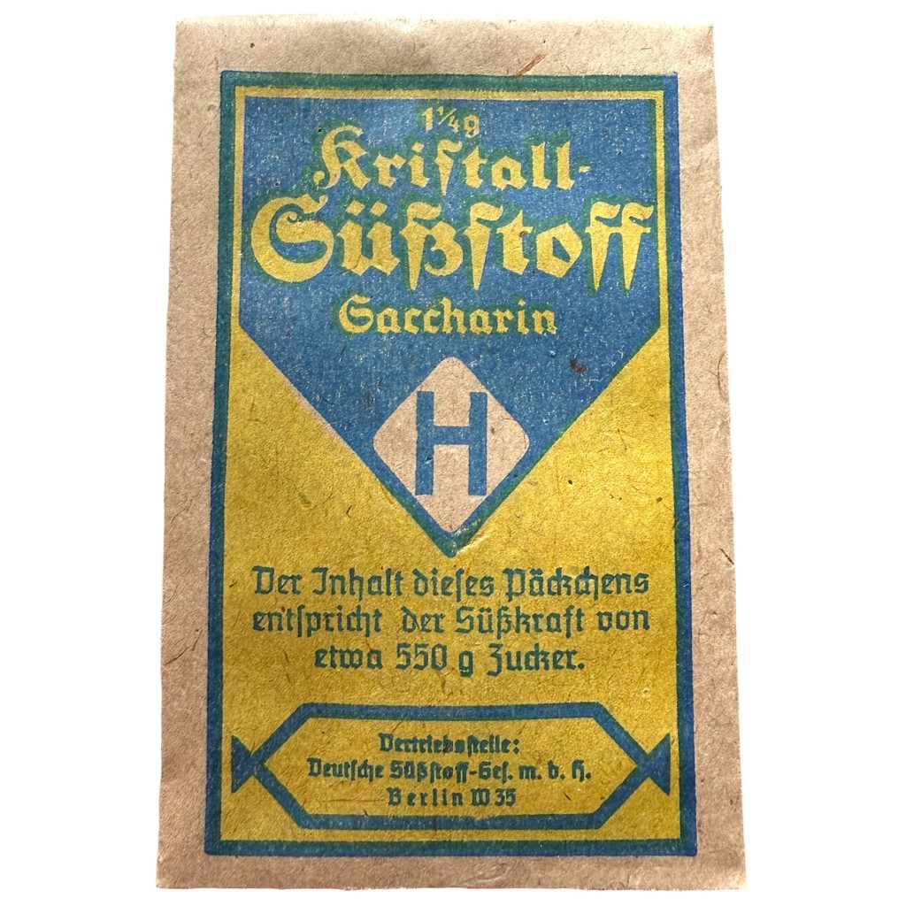 Original WWII German Kristall-Süßstoff Saccharin sweetener packet Deutsche Süßstoff-Ges. Berlin W35 full German soldier personal item.