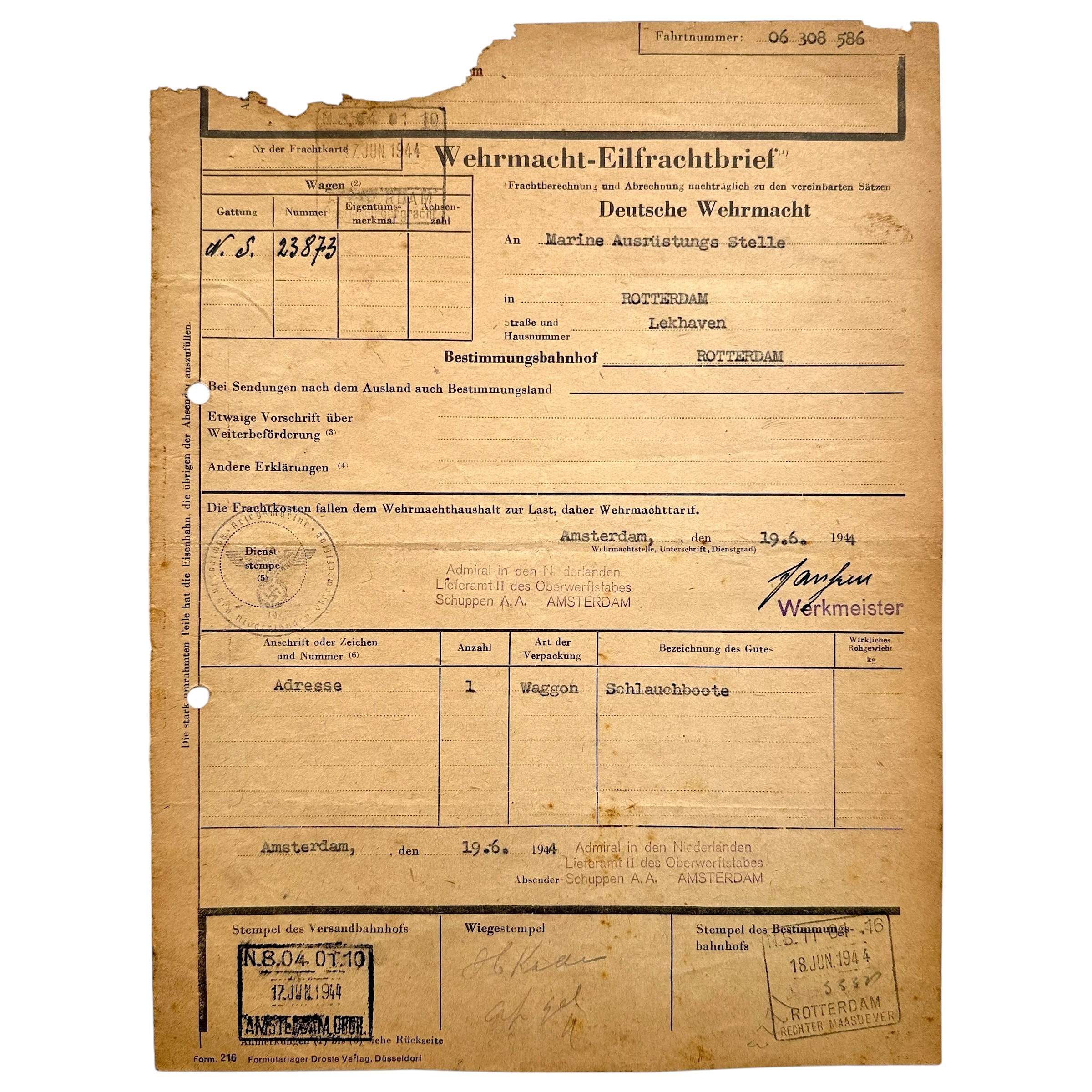 Origineel WWII Duits Wehrmacht-Eilfrachtbrief 1944 Admiral in den Niederlanden Amsterdam Kriegsmarine Rotterdam Lekhaven Schlauchboote document.